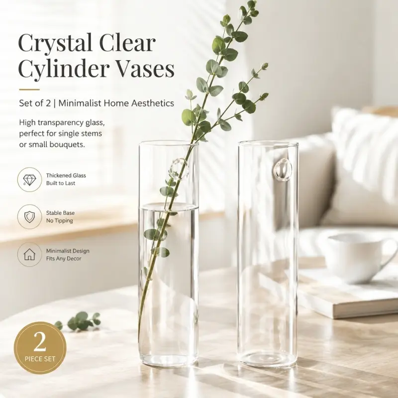 2 Pack Clear Cylindrical Glass Vases, Thickened High Transparent Flower Vase With Decorative Ring For Home Tabletop Floral Decor