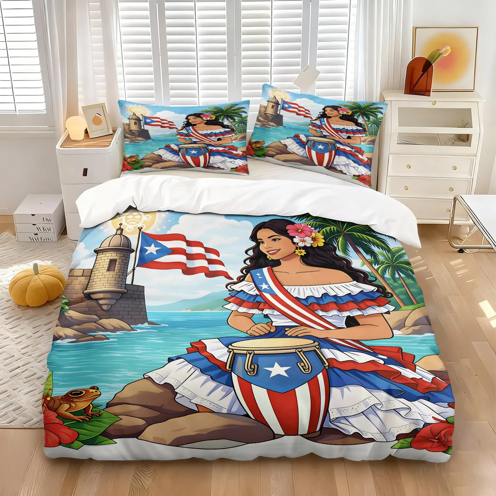 Puerto Rican Traditional Women's Print Duvet Cover Set, Conga Drum Morro Castle Design, 1 Duvet Cover and 1/2 Coreless Pillowcases, Soft Breathable Caribbean Folk Patriotic Style Bedroom Decor