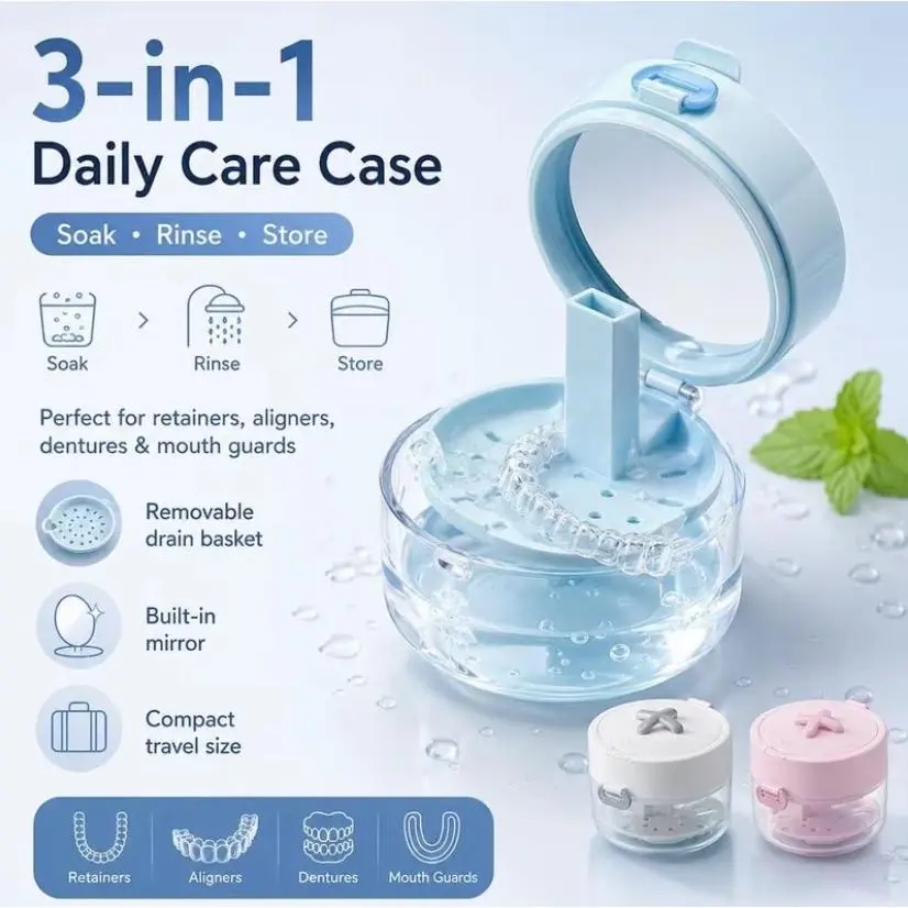 3-in-1 BPA-Free Compact Oral Retainer Cleaner Case - Cute Round Travel Denture Storage Box with Mirror, Brush & Cleaning Accessories (Bathroom Supply)