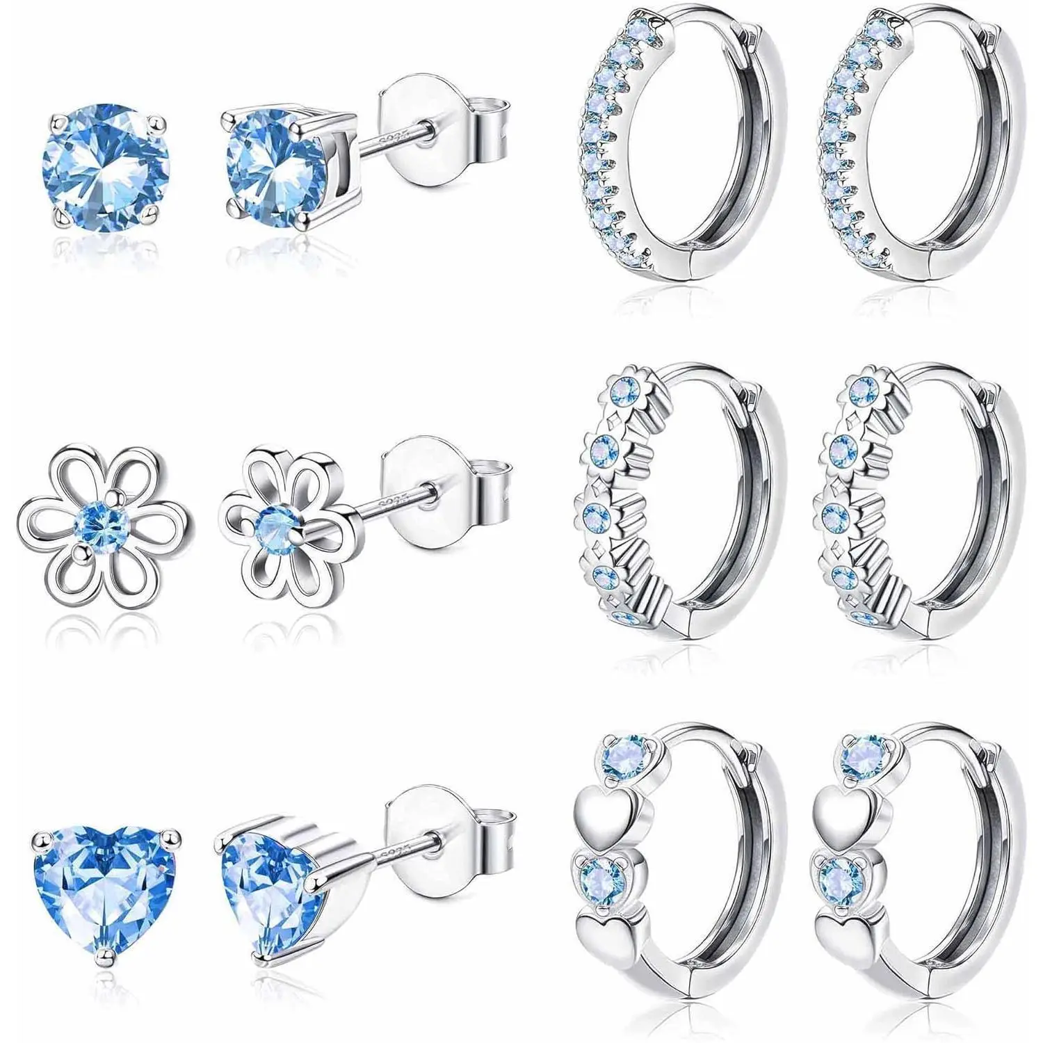 Fansilver 6Pairs Small Earrings Set for Women Girls 925 Sterling Silver Post Stud and Hoop Earrings Set Hypoallergenic Zirconia Flower Heart Cute Cartilage Earrings for Women Purple/Blue