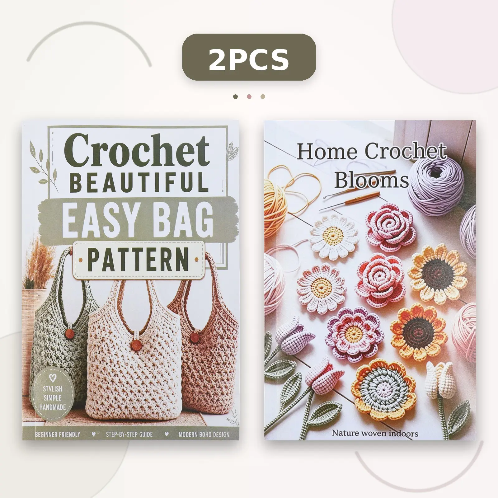 2-Book Handmade Crochet Flower Bag Pattern Tutorial Notebook, Beginner Yarn DIY Creation Journal, Leisure Knitting Hobby Planner