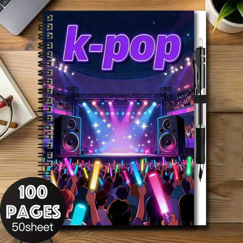 A set of K-pop themed 2D cover spiral notebook and pen set, featuring dazzling stage patterns, a must-have for fans. A great aid for work and study, suitable for journaling, daily planning, and note-taking. An excellent choice for graduation gifts or birt