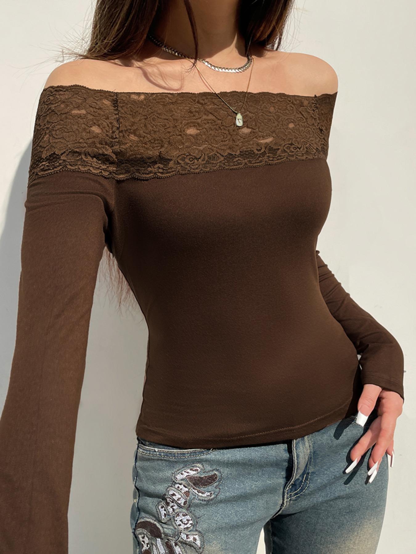 Women's Solid Contrast Lace Off Shoulder Tee, Top, Fashion Casual Long Sleeve T-Shirt for Daily Outdoor Wear, Women's Clothing for Spring & Fall