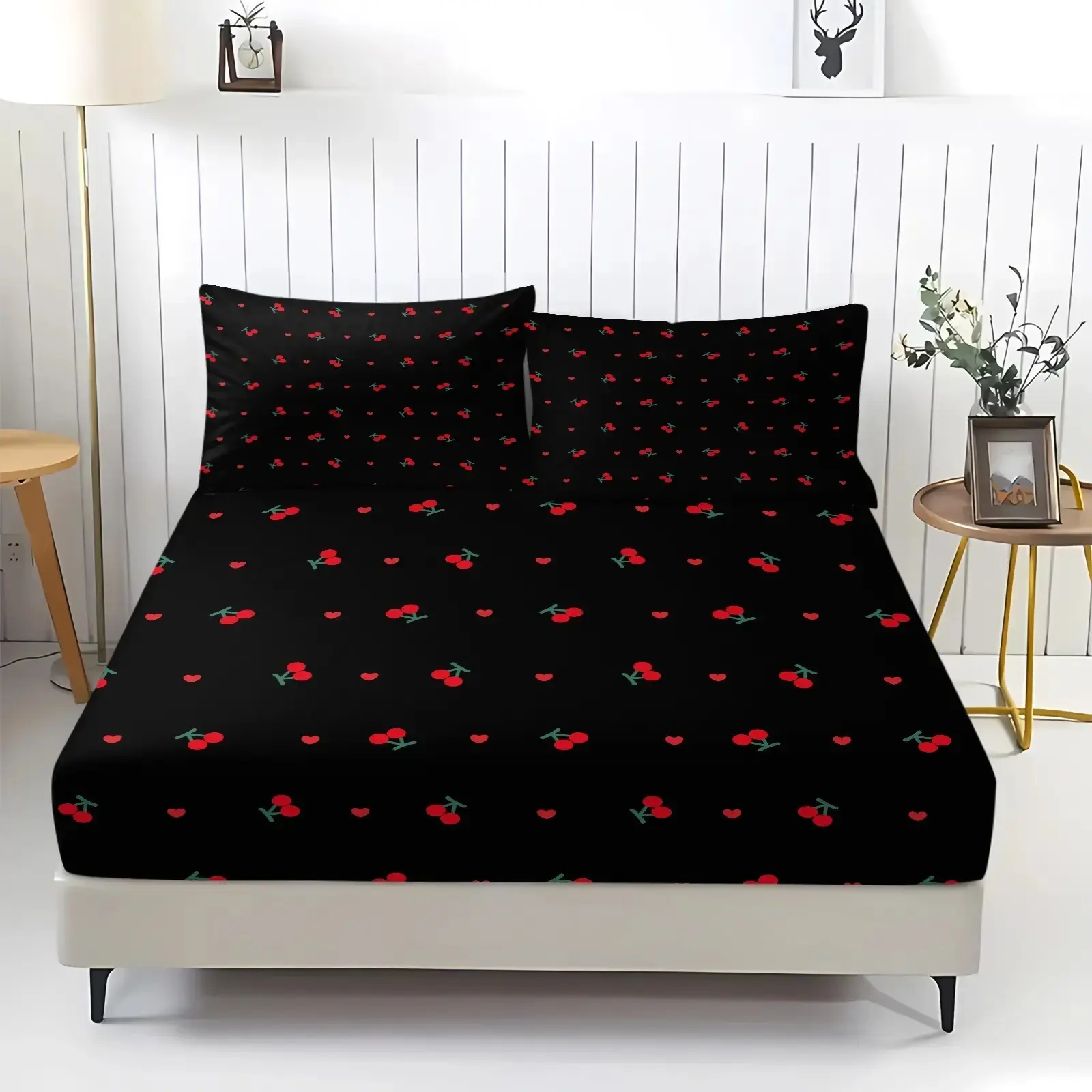 3pc cartoon cherry print, Decorative bedsheet sets, Bright prints fitted sheet set, Includes 1 Fitted Sheet & 2 Pillowcases, color contrast, for home decoration, Multiple styles, Suitable for gifting or personal use