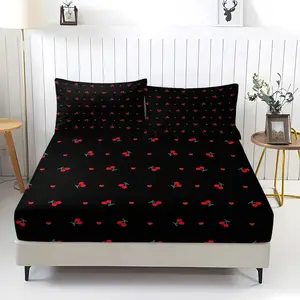 3pc cartoon cherry print, bedsheet sets, Bright prints fitted sheet set, Includes 1 Fitted Sheet & 2 Pillowcases, color contrast, for home decoration, Multiple styles, Suitable for gifting or personal use