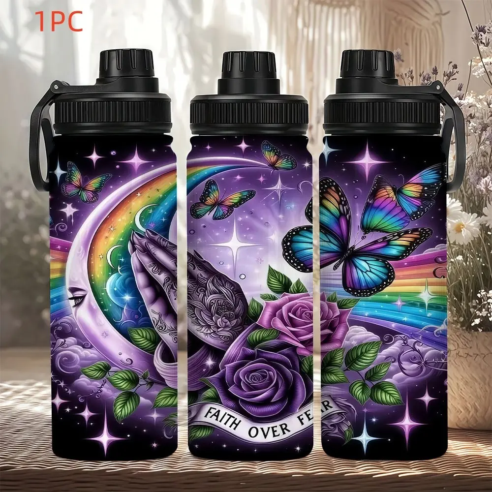 1pc 20oz Dreamy Magical Stained Glass US Flag Elf Reusable Thermal Travel Bottle, Large Capacity Durable Water Cup with Sparkle Galaxy Pattern,Leakproof Portable Tumbler for Camping, Ideal Decorative All-Festival Souvenir Present for Patriotic Lovers