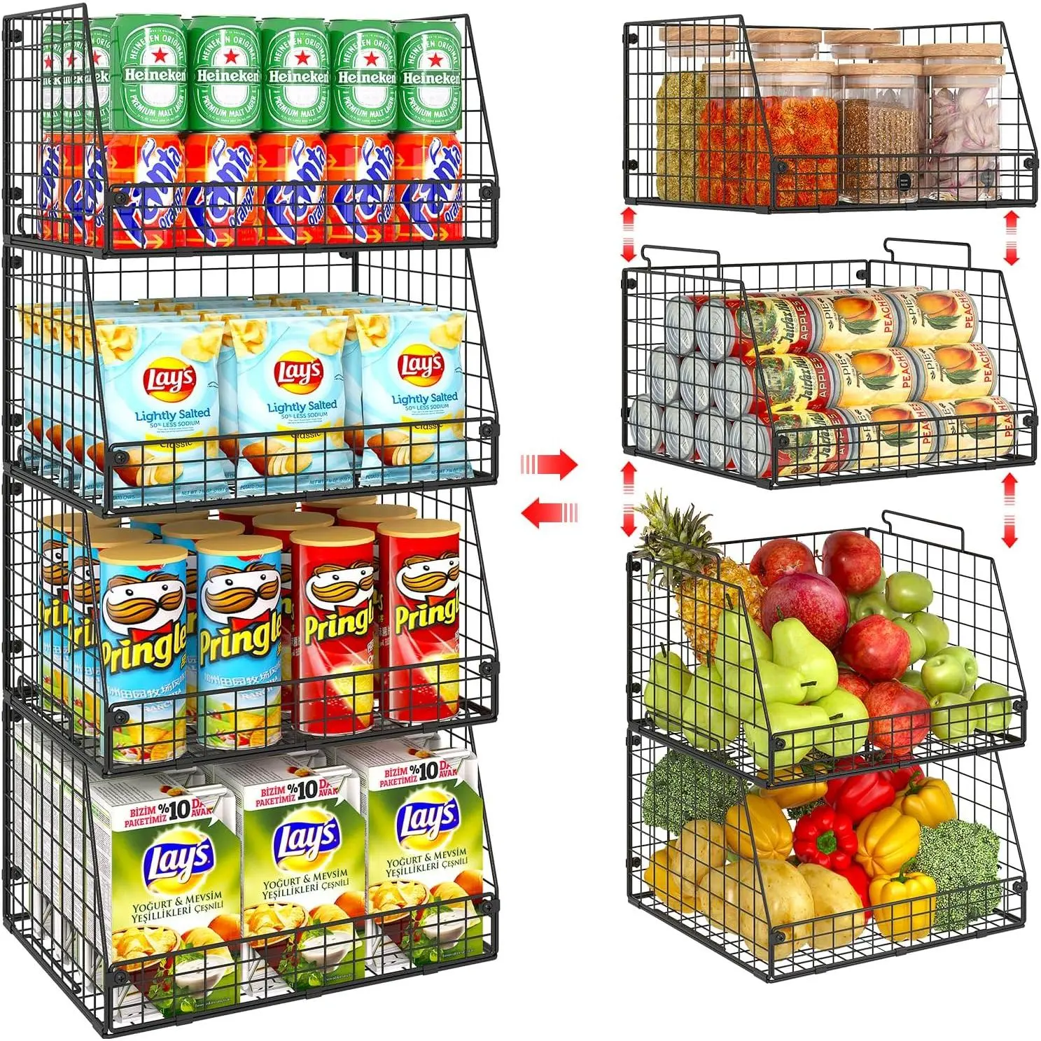 4 Pack XXL Open Front Stackable Wire Storage Basket Set - Pantry Organizer, Extra Large Capacity Multi-Purpose Metal Bin for Pet Supplies, Kitchen Storage