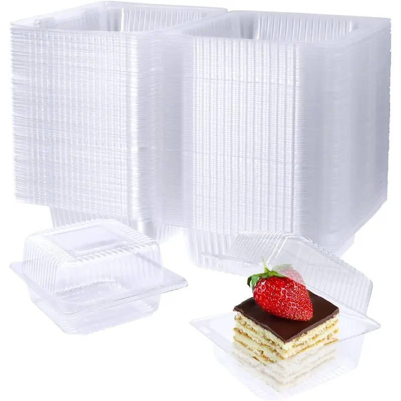 100 Pack Clear Plastic Hinged Food Containers with Lids, 5.1 x 4.7 x 2.8 Inch Clamshell Takeout Boxes for Cakes, Desserts, Pastries, Cookies, Salads & Party Supplies