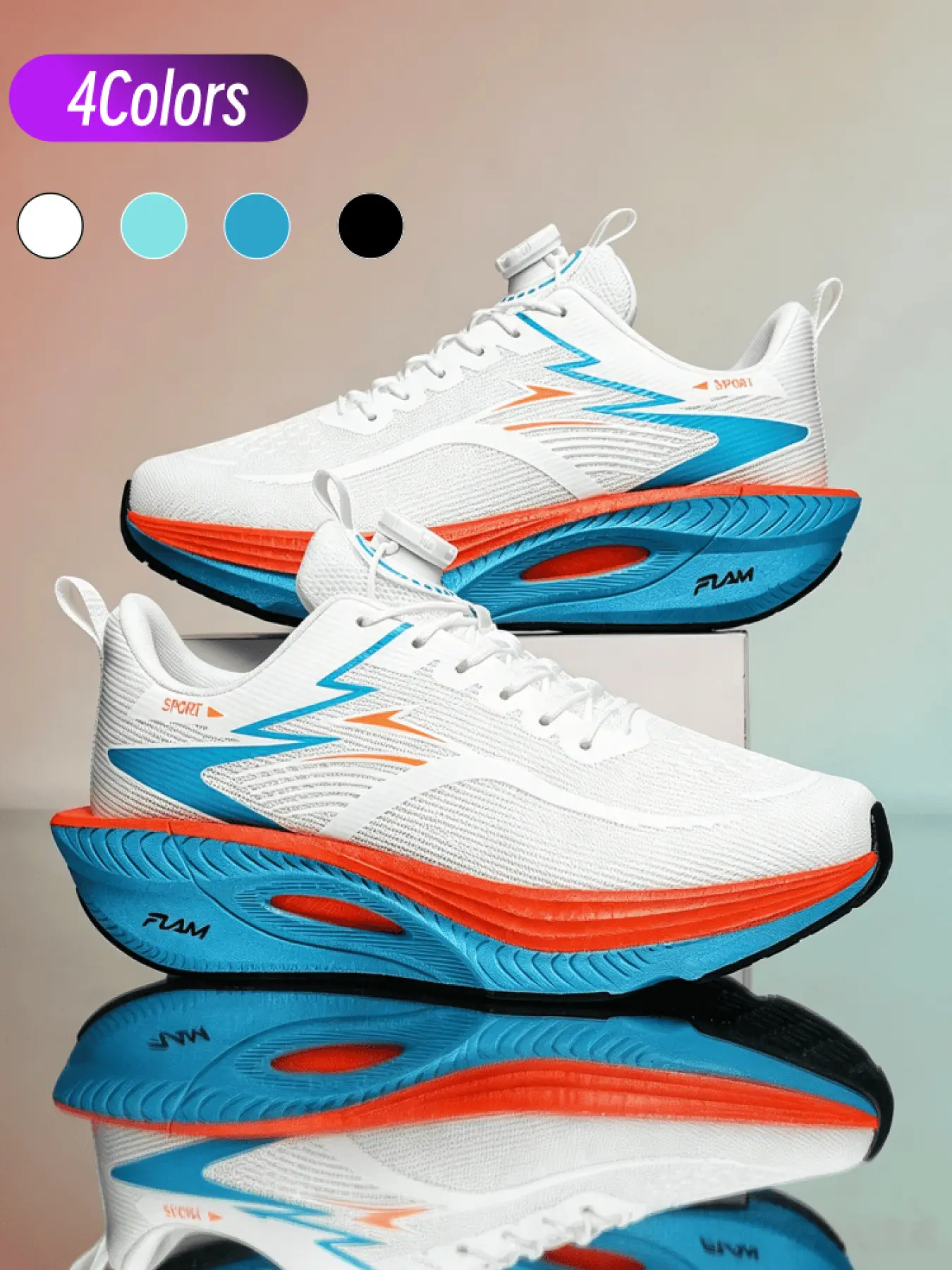 Unisex Rotary Buckle Lightning Print Running Shoes,4 Colors EU35-45,Breathable Mesh Popcorn & Carbon Plate Cushion Athletic Sneakers
