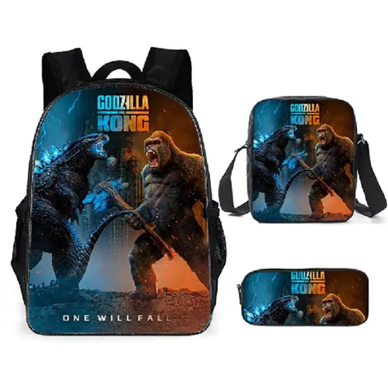 3pcs Unisex Preppy Waterproof Synthetic Anime Print Kong The New Empire Set - School Backpack, Shoulder Carryall, Pen Pouch for Learning Supplies & Gifts