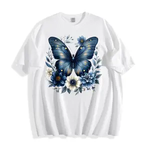 Casual Style Unisex T-Shirt Blue Butterfly And Flowers Design Perfect For Spring And Summer Wear Ideal Gift For Nature Lovers And Art Enthusiasts