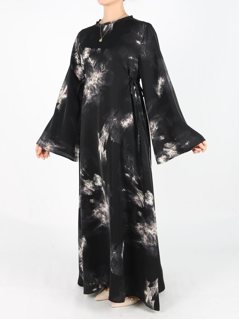 Women's Tie Side Zipper Back Dress, Elegant Long Sleeve Modesty Abaya Dress for Daily Wear, Ladies Islamic Clothing for All Seasons