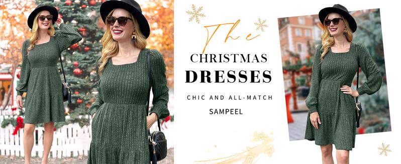 Womens Square Neck Long Sleeve Fall Dresses Casual Babydoll Sweater Dress