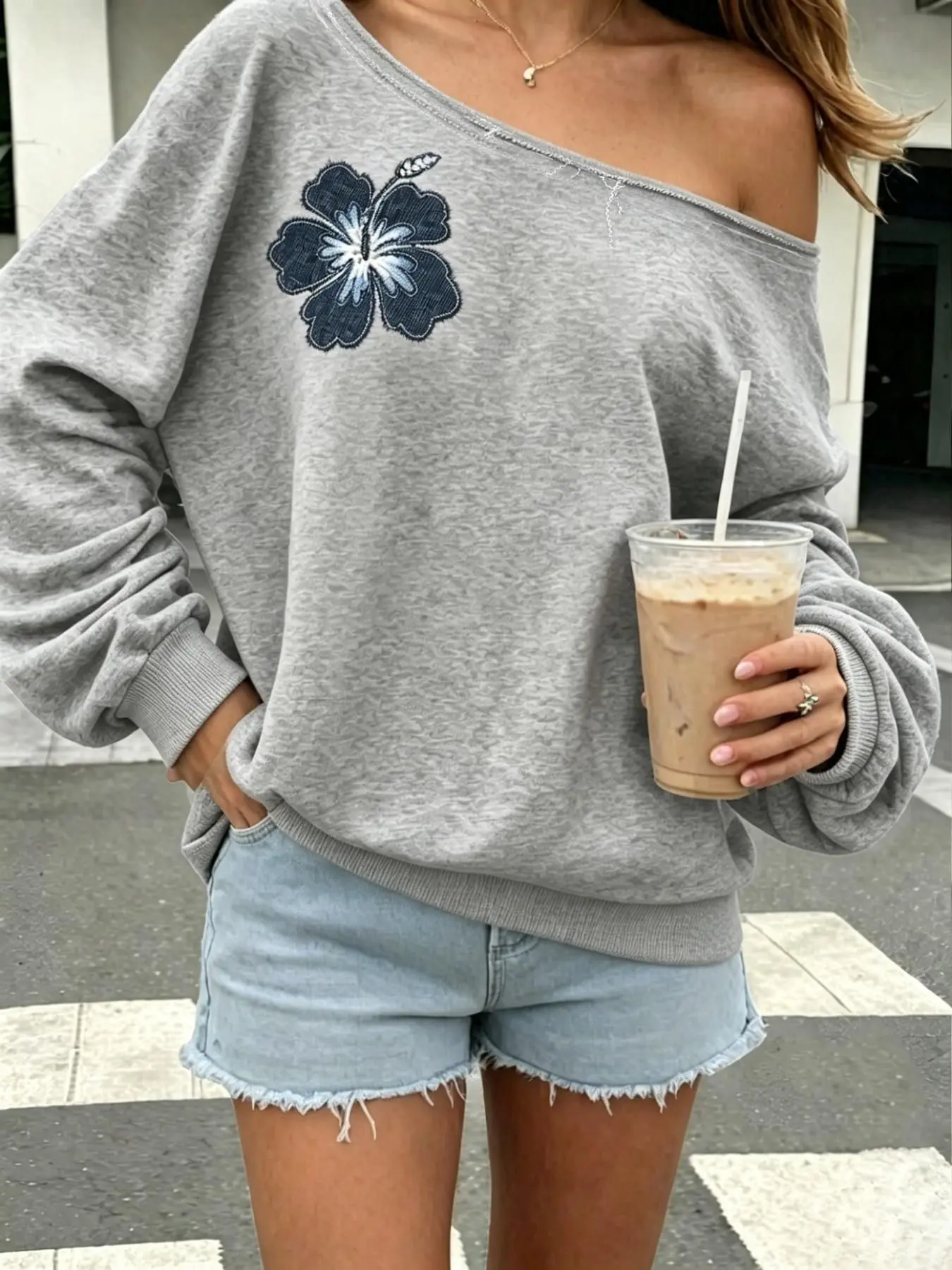 Trendy Women's Loose, Off-Shoulder Sweatshirt with Floral Accents — Casual Coastal Street Style, Comfortable Top for Everyday Wear & Going Out