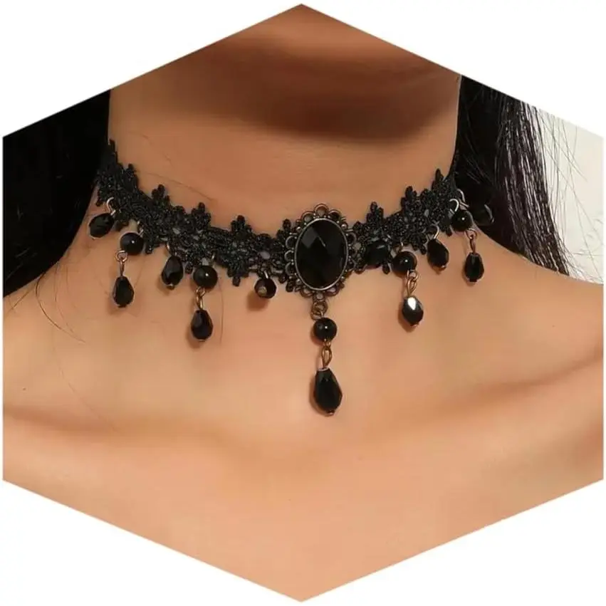 Fesciory Women's Black Gothic Layered Lace Choker Necklace - Adjustable Velvet Leather, Multi-Strand with Black Crystal Beads, Rectangle Accent, Dark Fantasy Goth Costume Jewelry Gift