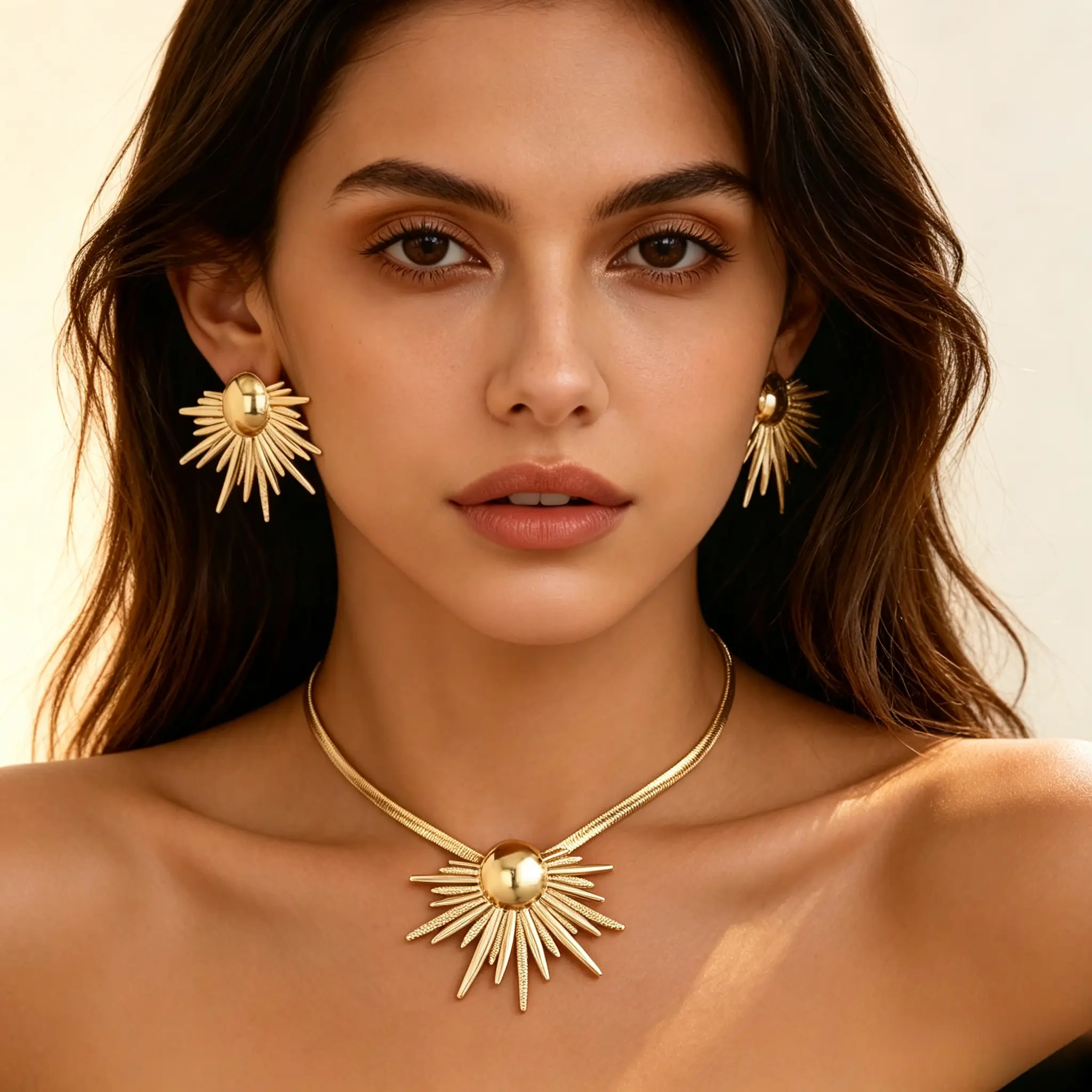 Women's Luxury Chunky 3D Radiant Spikes Sunburst Statement Jewelry 2-Piece Set - Gold Sun Choker Necklace & Oversize Sun Earrings, Photo-Ready Evening Party Accessories, Ideal Anniversary Birthday Gift, Two Piece Set