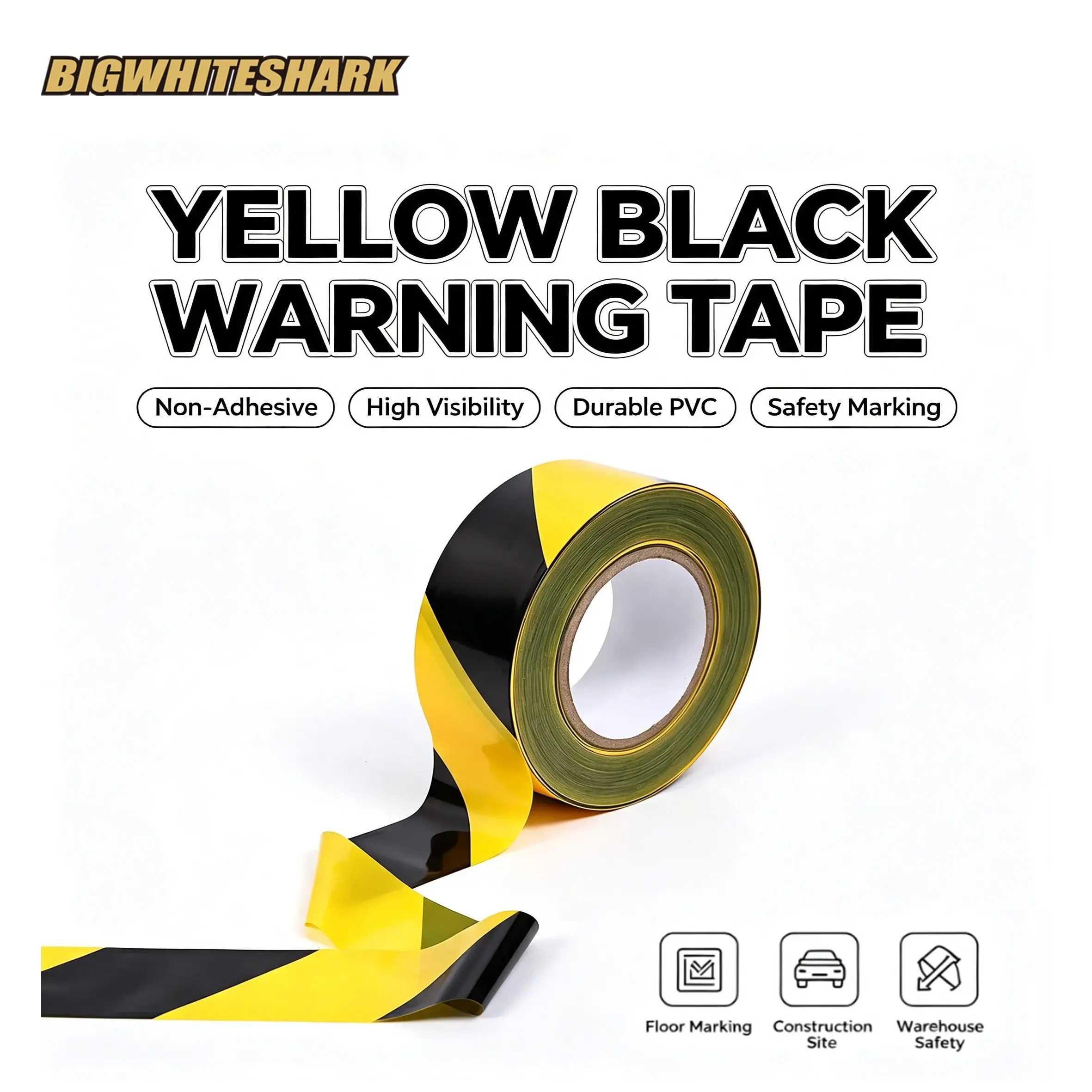 5 cm × 50 m yellow-and-black warning tape, non-adhesive, high-visibility, waterproof, and highly durable. Single-use PE safety warning tape is suitable for construction sites, Halloween events, parking lots, and factory safety markings