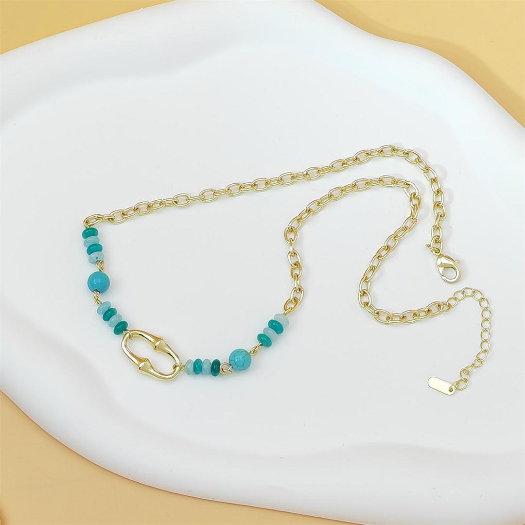 Bohemian Blue Turquoise Necklace 18K Gold Plated Double Layer Natural Stone Clavicle Chain For Daily Wear