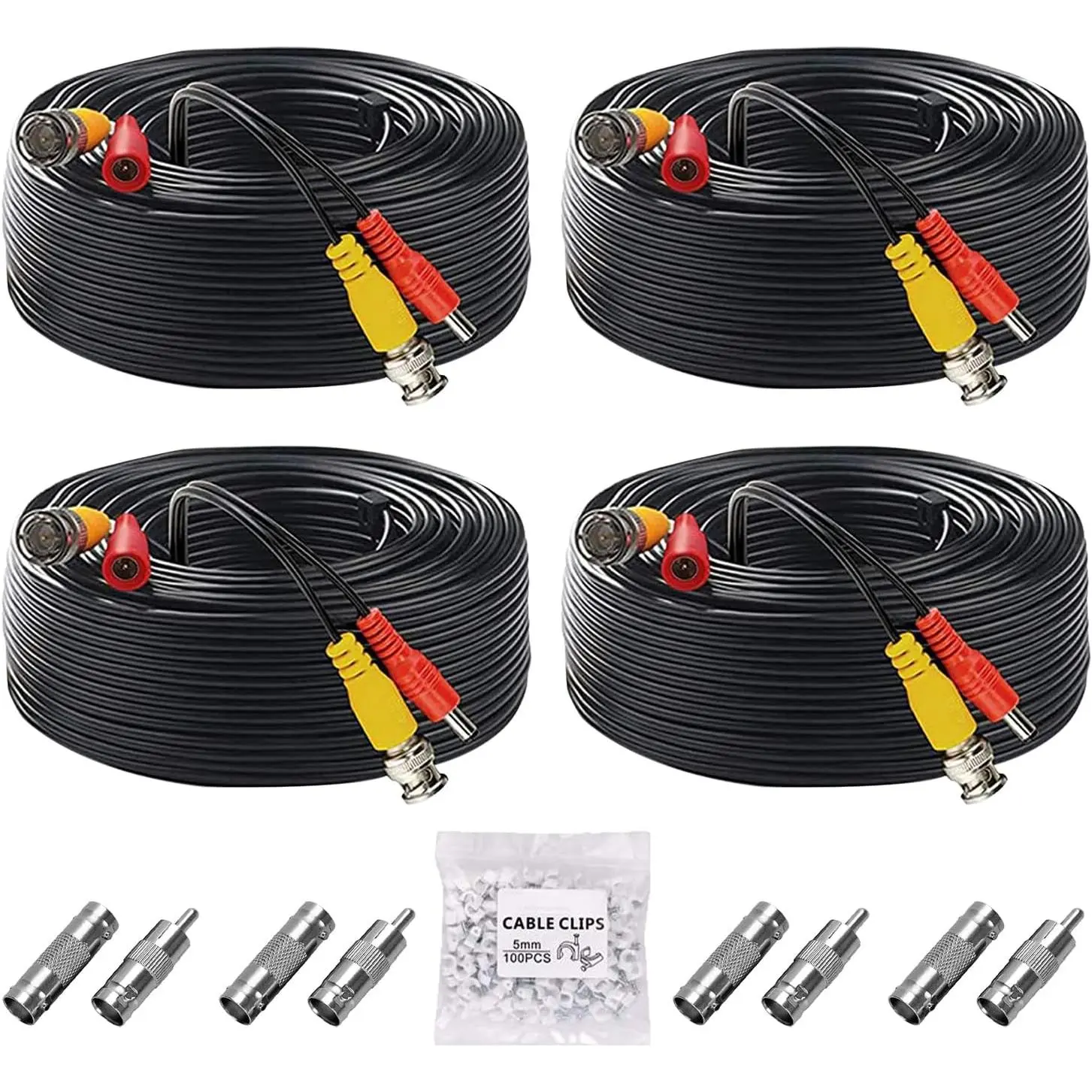 4 Pack 100ft/30M -in- Video Power Cables, BNC Extension  Camera Wires for CCTV Camera DVR Systems (8pcs BNC Connectors, 100 count  Clips Included)