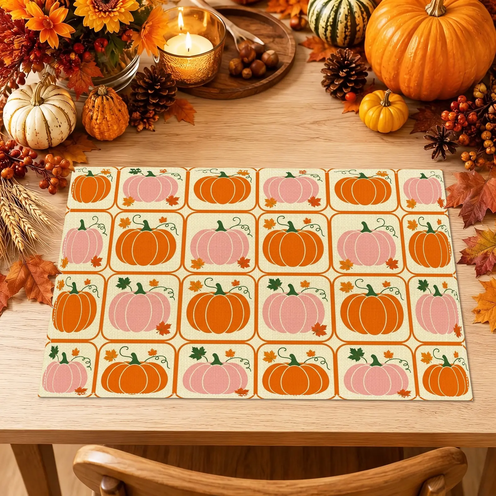 4/6pcs Orange & Pink Pumpkin Placemats, Rustic Fall Style for Dining Table, Kitchen, Fall Gathering & Home Decor, Fall Gifts, Seasonal Decoration