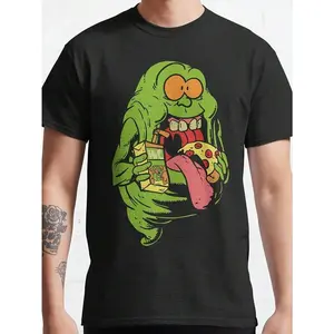 180gGhostbusters Cotton Crew Neck T-Shirt With Playful Slime And Pizza Patterns - Men'S Black Casual Short Sleeve T-Shirt, Regular Version, Machine Washable, Size S-3XL, Pop Culture Apparel |   Nostalgic Apparel |   Durable Print