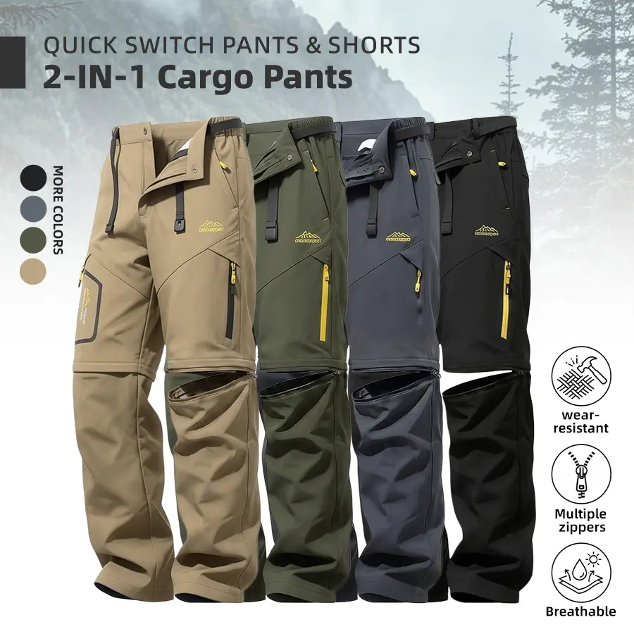 Men's Summer 2-in-1 Cargo Pants, Detachable Long Sports Shorts, Breathable Durable Tactical Utility Pants, Zipper & Multi-Pocket Outdoor Pants, Suitable for Outdoor Hiking, Camping, Mountaineering