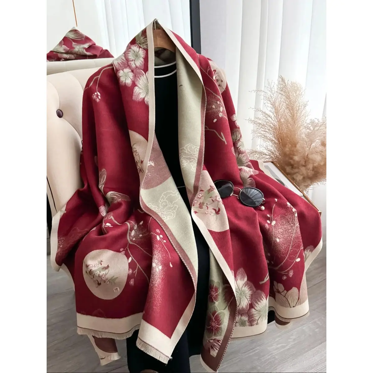 Women's Boho Floral Italian Satin Scarf with Tassels, Double-Sided and Warm, A Casual Soft Shawl for Fall & Winter, Boho Floral Scarves, Warmth, Tencel