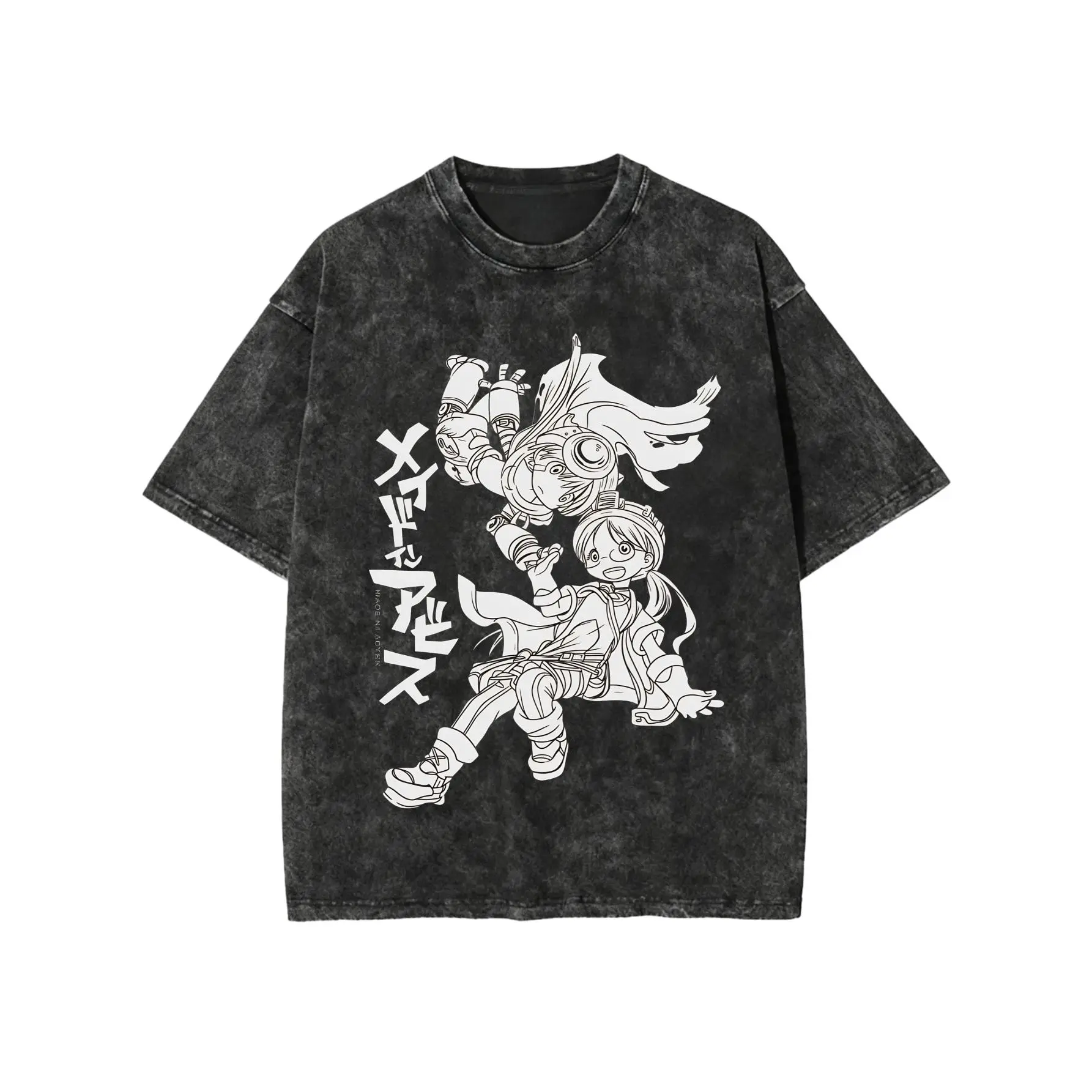 Vintage Distressed Washed T-Shirt Men Made In Abyss Riko Reg White Line Art Anime Graphic Oversized Crew Neck Tee For Manga Anime Fans Daily Street Outfits