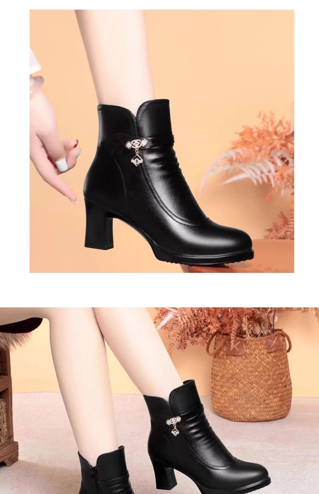 MOVRA1 Women'S -Encrusted Round-Toe Block Heel Ankle Boots with Zipper Closure & Plush Lining - Mid-Heel Winter Boots in Rich Brown, Faux Cover Upper & Rubber Sole, Elegant Casual to Semi-Formal Outfits Autumn/Winter, Comfortable & Durable Design
