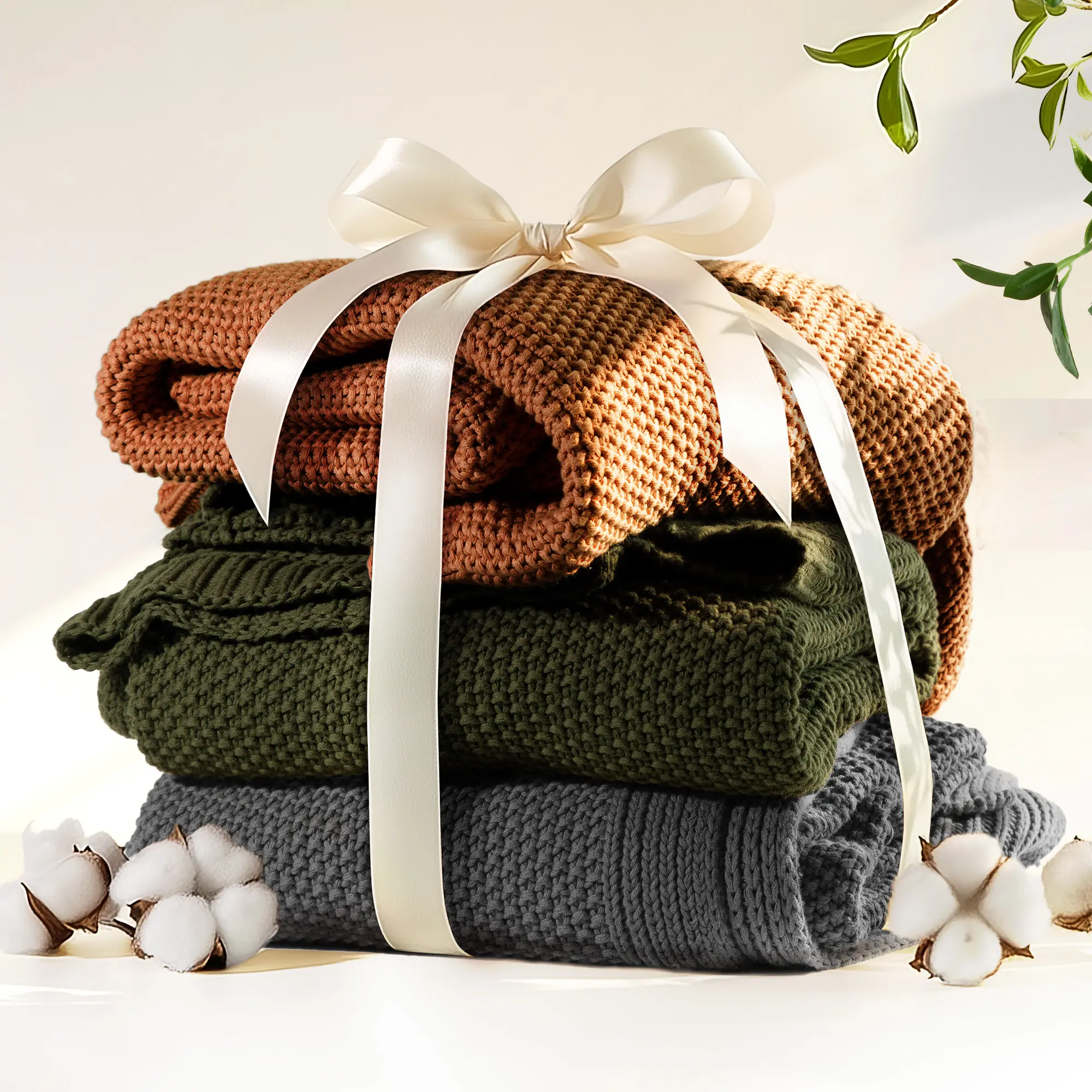 Blunique 100% Cotton Throw Blanket, Lightweight Breathable Knit Summer Blanket for Couch Sofa Bed, Cable Knit Home Decor, Housewarming Gift