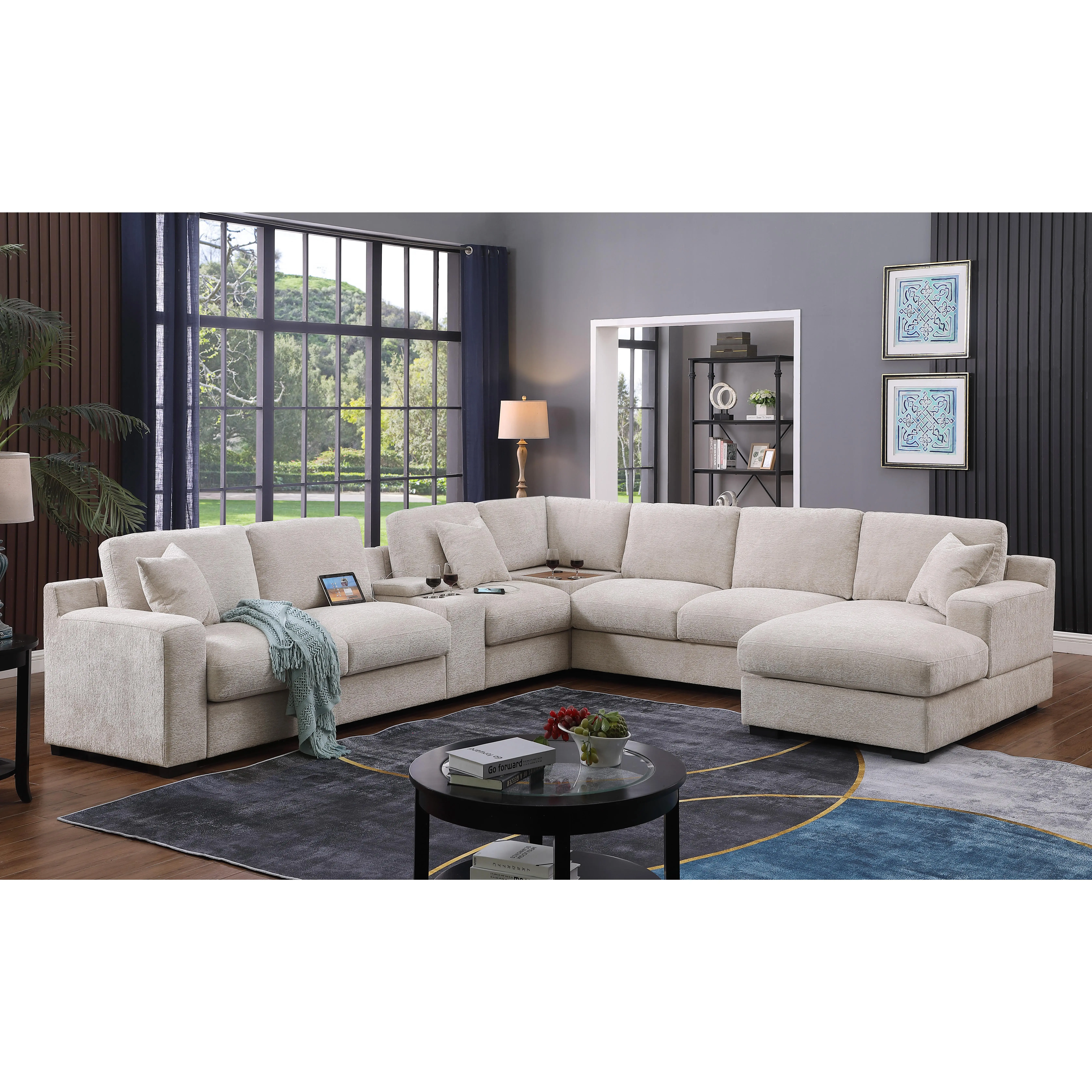 Nokaa 141.5" Beige Chenille Corner Sectional Sofa with Right-Facing Chaise, 6-Seat Modular Couch, Center Console with Cupholders & USB Charging Ports, Storage, 3 Throw Pillows, Removable Cushions, Living Room Furniture