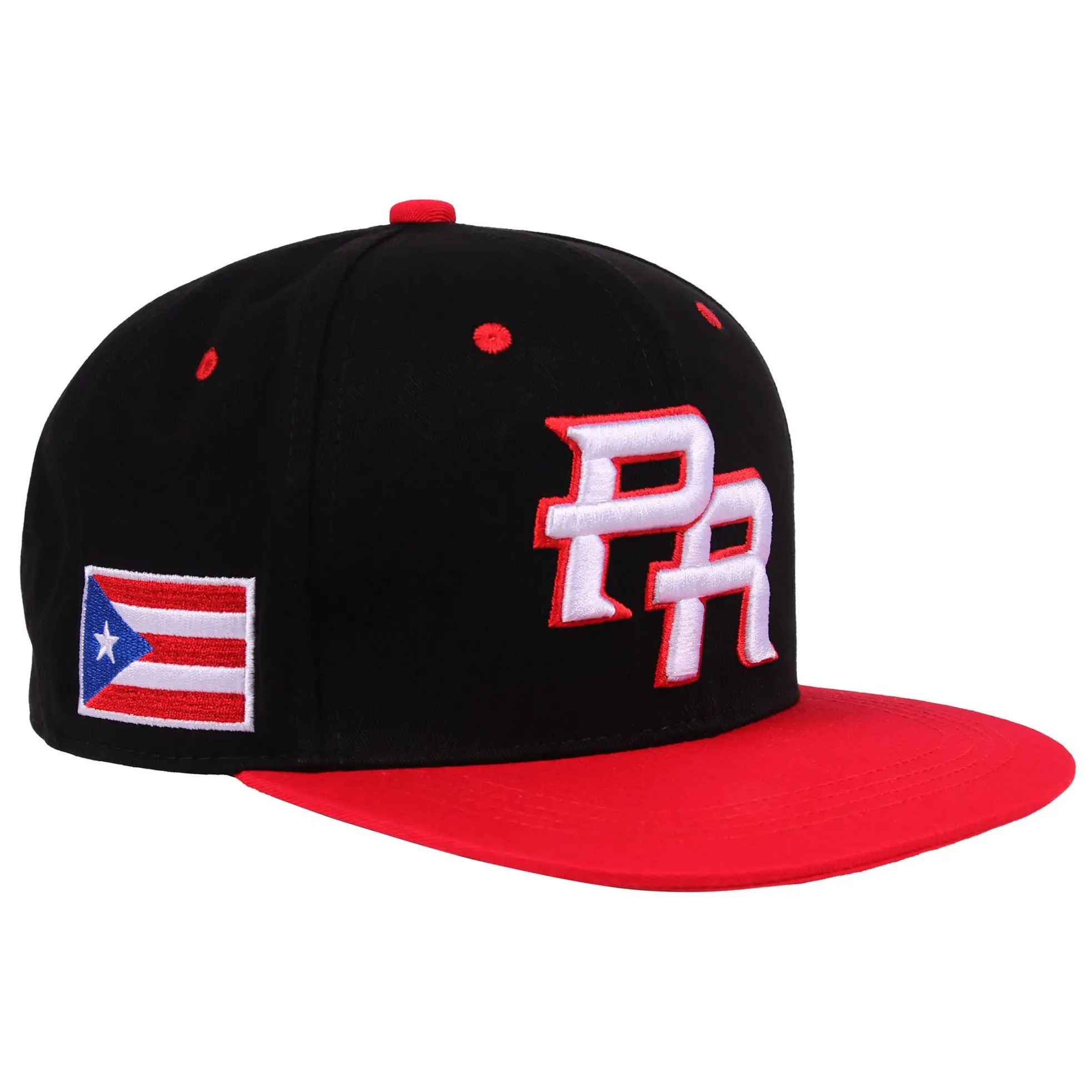 PR Black & Red Color Blocking Snapback Embroidered Puerto Rico Character Design Adjustable Cap Hip-Hop Sun Protection Hat for Men and Women Casual Personality Outdoor Hat