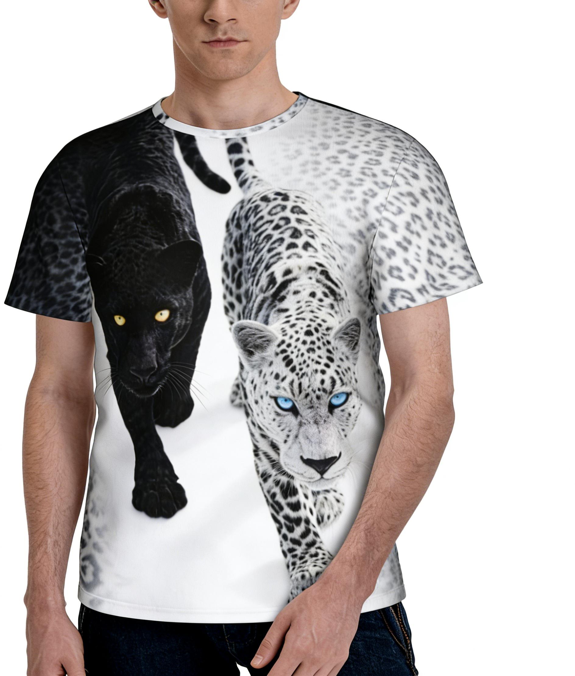 Double Leopard Attack Black and White Cheetah Summer Full-Print Short-Sleeve 3D Printed T-Shirt, Unisex, Cool and Trendy, Wild and Unique Style, Suitable for Outdoor Wear, Party Tops, Couple Pattern, Gift for Friends