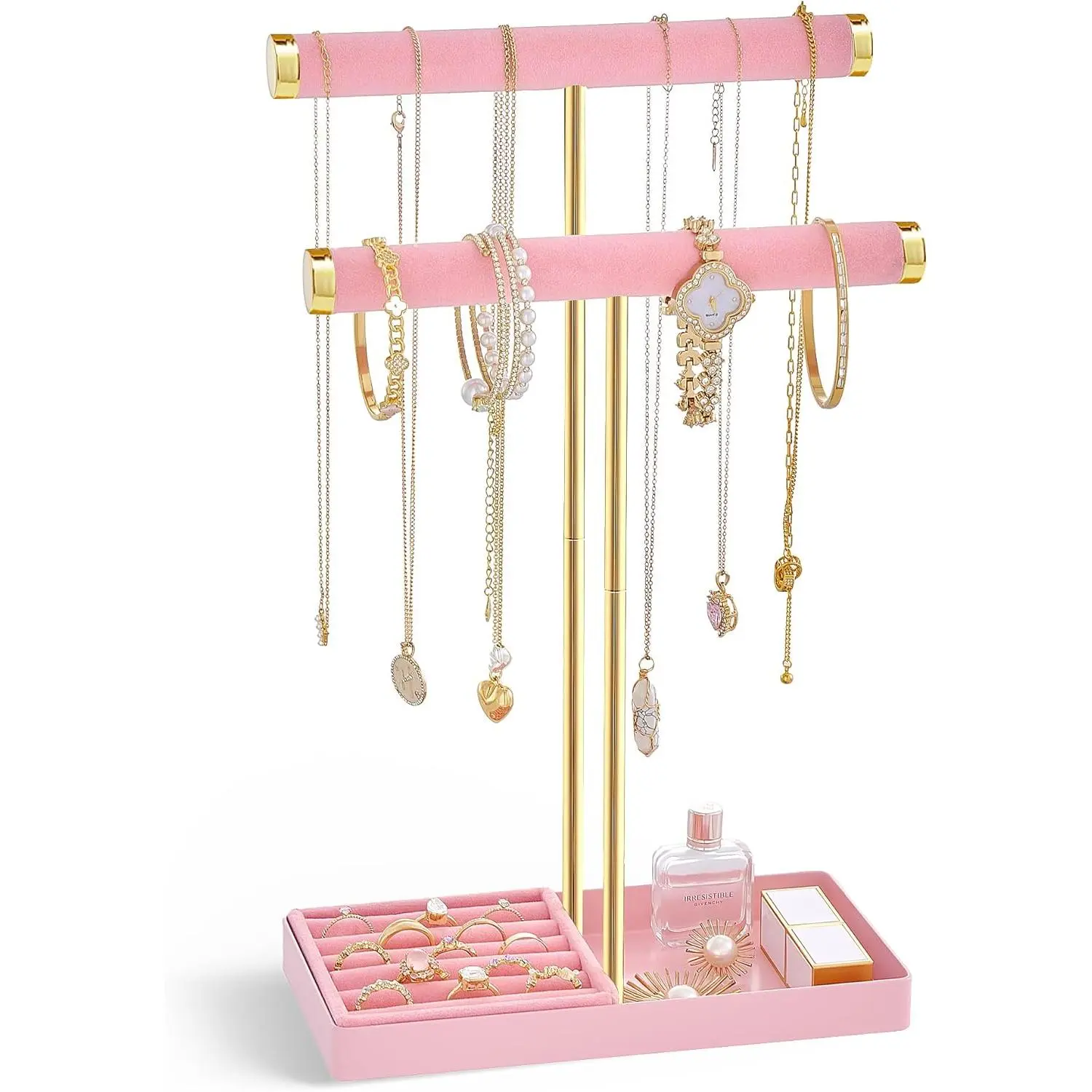 Pink 2-Tier Velvet Wrapped Jewelry & Sunglasses Organizer - Home Supplies with Built-In, Countertop, Divided Storage Racks & Displays, Removable Ring Tray, Tall Bracelet Stand for Bangles, Watches, Earrings, Mom Gift