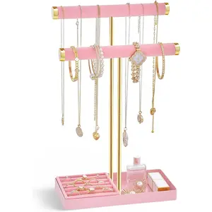Pink 2-Tier Velvet Wrapped Jewelry Organizer, Multi-Shelf Racks & Displays with Removable Ring Tray, Tall Bracelet Stand for Bangles, Watches, Earrings, Gift for Mom - Home Storage Holder