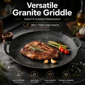 28cm Versatile Granite Griddle - Non-Stick Round Grill Pan with Dual Handles for Indoor & Outdoor Cooking