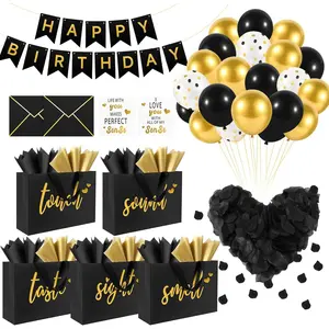 5 Senses Gift Bags for Him with Labels & Tissue Paper| Happy Birthday Decorations Kit with Banner, Balloons, Rose Petals, Envelope, Card for Men, Boyfriend, Husband (Black - Gold lettering)