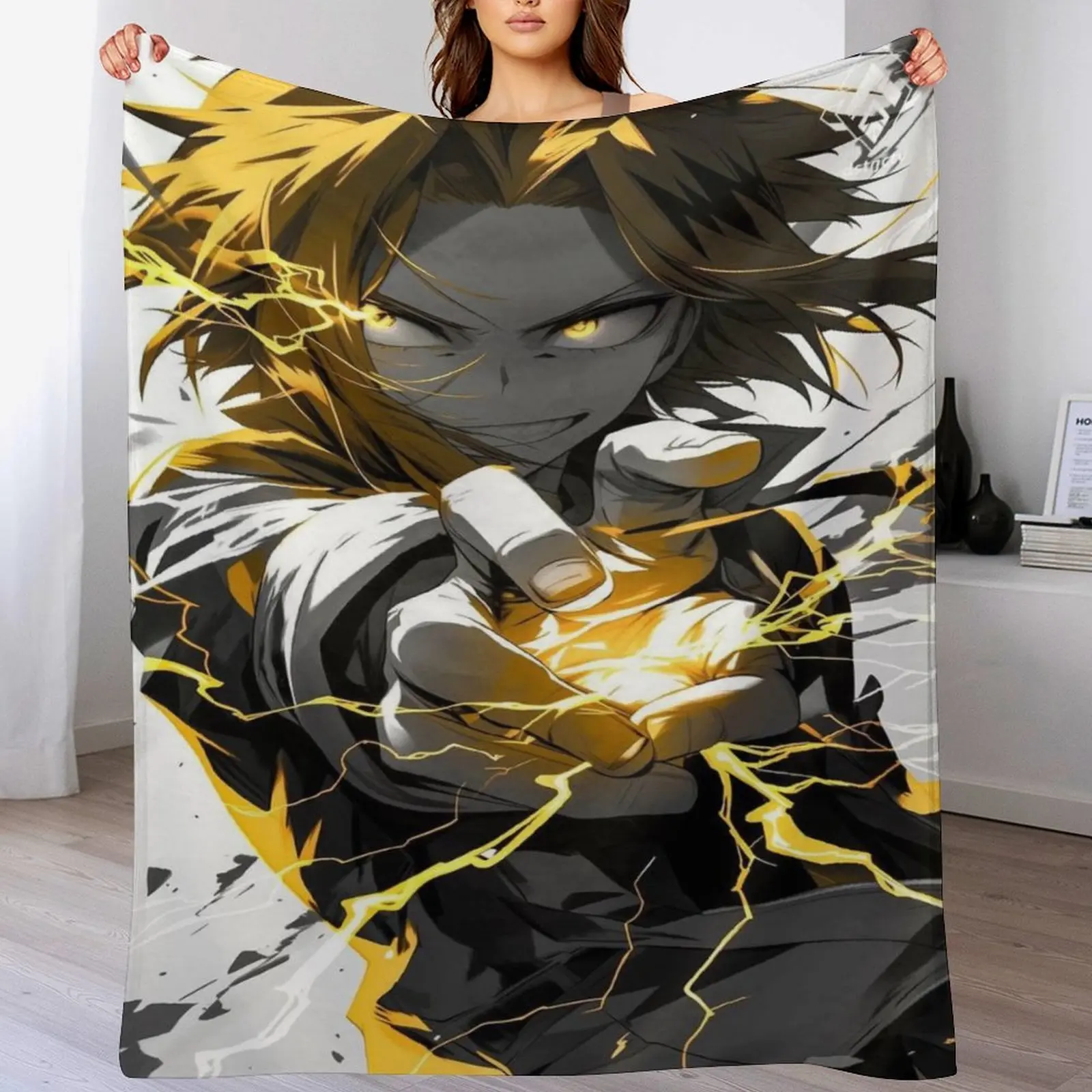 MHA Denki Kaminari Electric Anime Throw Blanket Yellow Lightning Flannel Blanket Gift for Shonen Manga Fans
