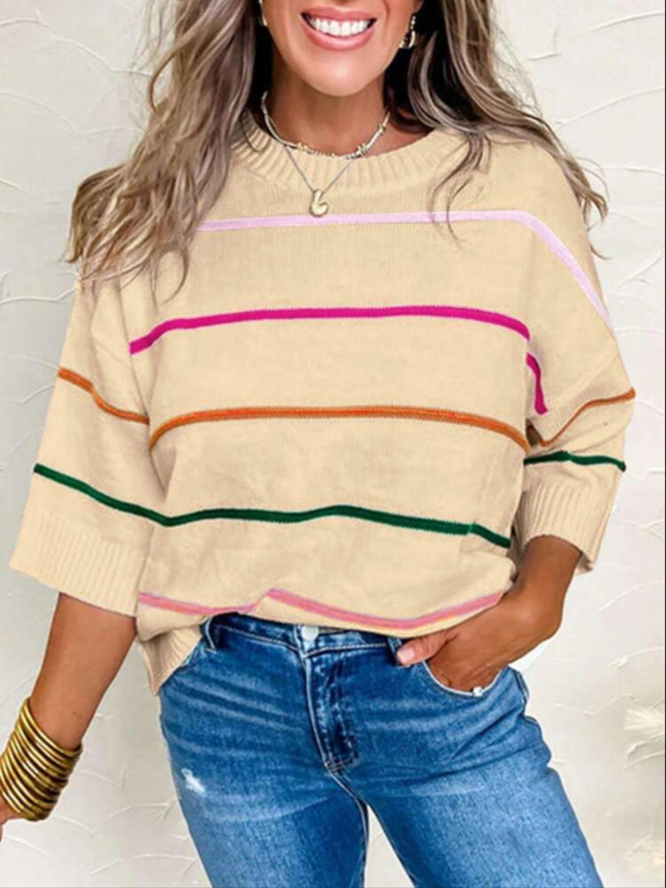 Women's Striped Print Sweater, Casual Short Sleeve Round Neck Jumper for Daily Wear, Ladies Knitwear for Spring & Fall