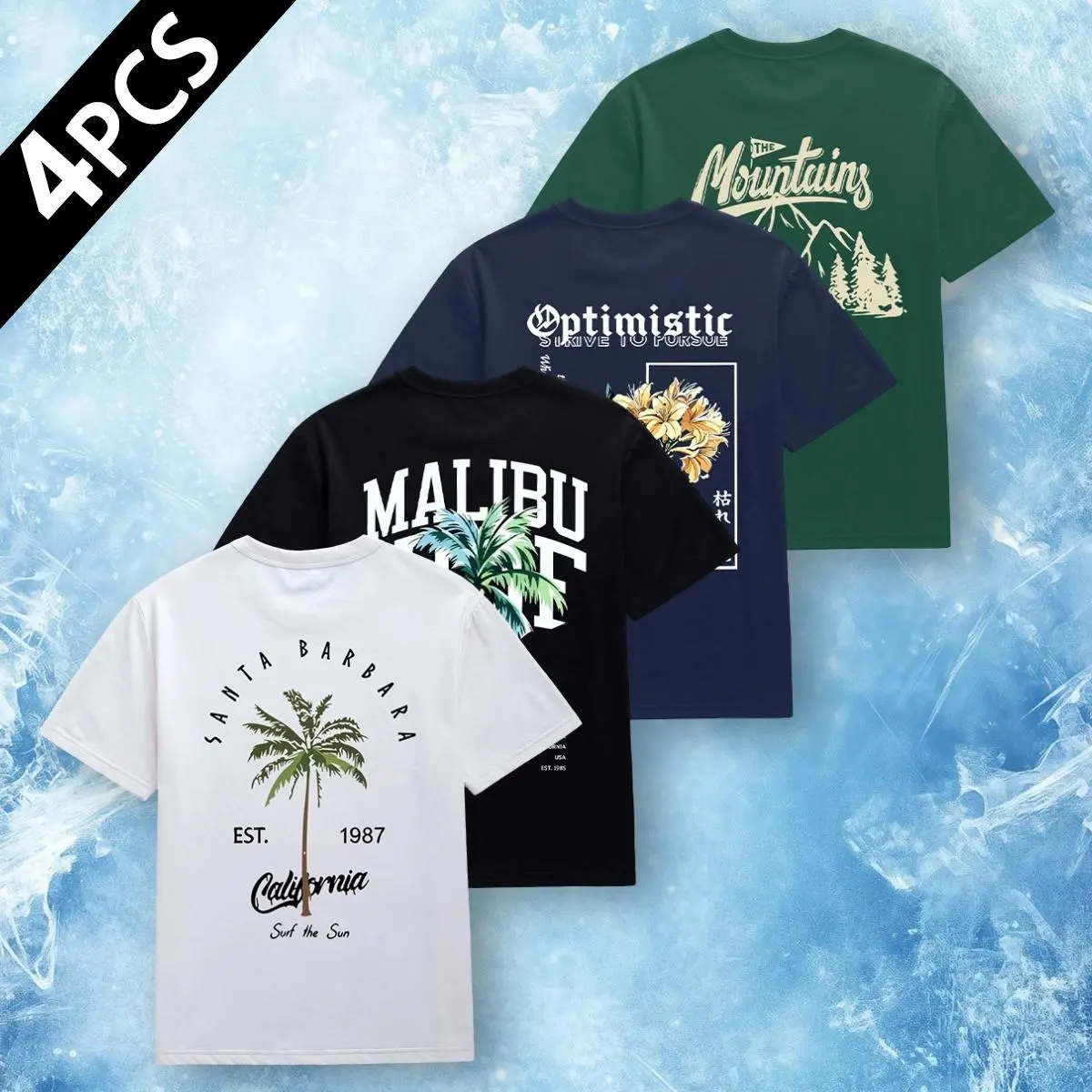 Men's Vintage Graphic T-Shirt - Santa Barbara & Malibu Coastal Surf Print, Classic Casual Athletic Tops, Loose-Fit Breathable Short-Sleeve Polyester Menswear Streetwear