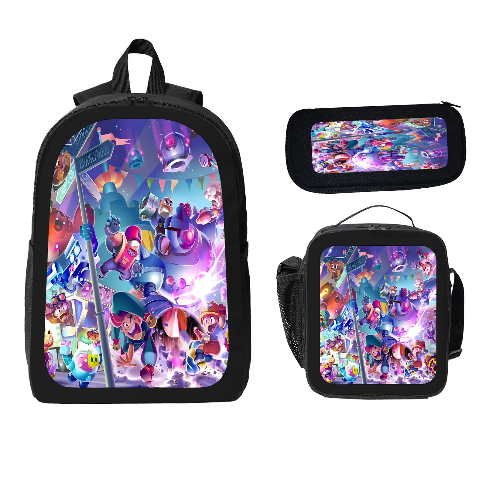 Unisex Brawl Stars Game Theme 3-Piece School Backpack Set for Kids, Large-Capacity Bookbag with Insulated Lunch Bag & Pencil Case, Water-Resistant Travel Daypack for Elementary-Middle School