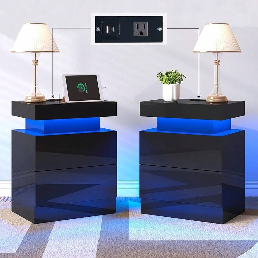 Modern Nightstand Set of 2, LED Lights & Charging Station, 2 Drawers & Open Storage Shelf, Stylish End Tables for Bedroom Home