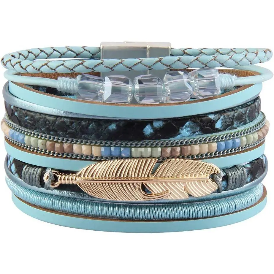 Womens Leather Cuff Bracelet  Multi Strand Bracelet Wrap Bracelet Turquoise Boho Bangle Braided Leather Wristbands Bohemian  Gifts for Women Wife Sister