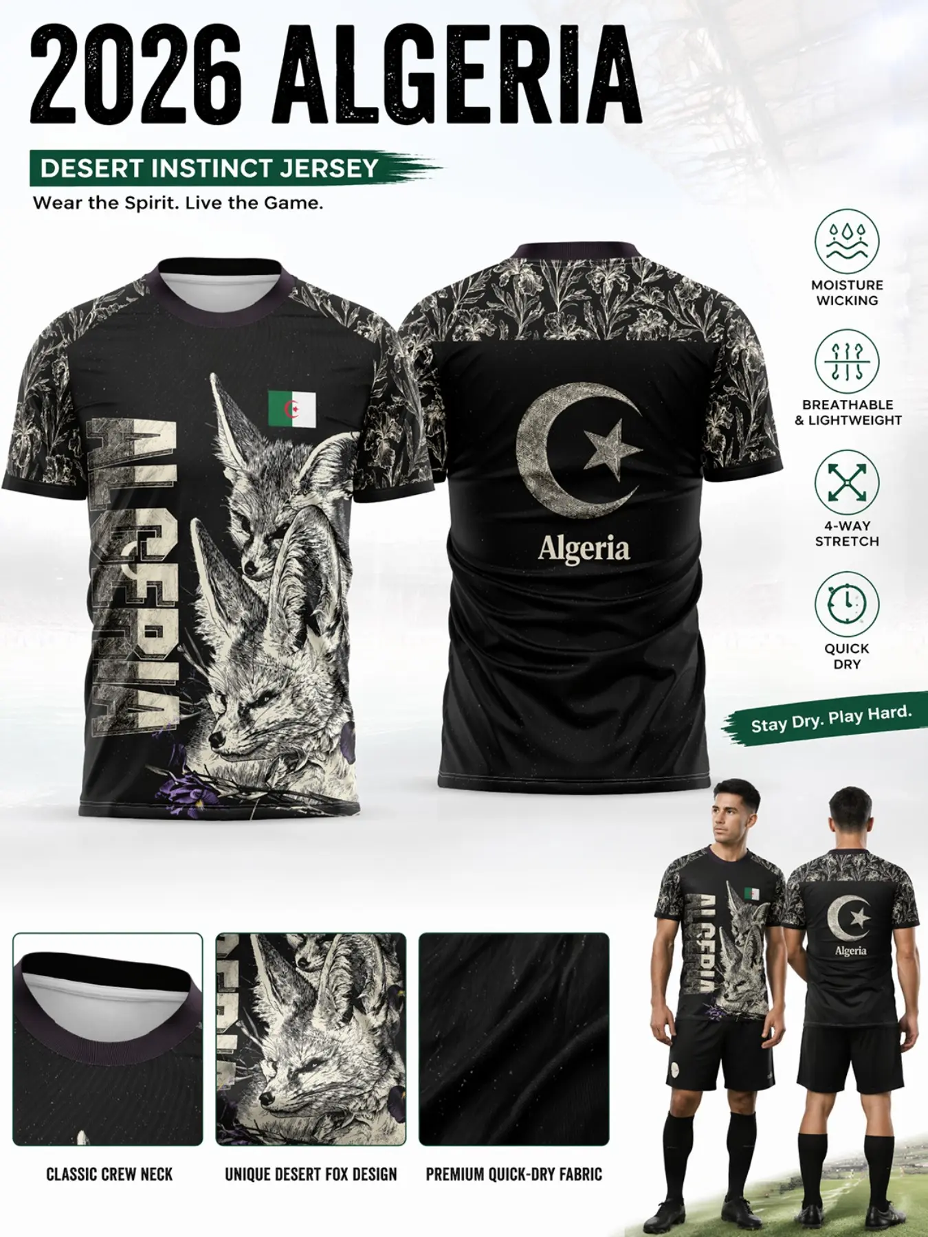 2026 Algeria Fan Football Jersey, Mesh Floral Shoulder Print, Quick-Dry Moisture-Wicking Lightweight Breathable Sports T-Shirt, Sportswear for Summer, Ideal for Match Days and Training
