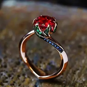 Adjustable Rose Shape Red Garnet Ring Luxury Wedding Engagement Band Dainty Elegant Women Jewelry For Daily Party