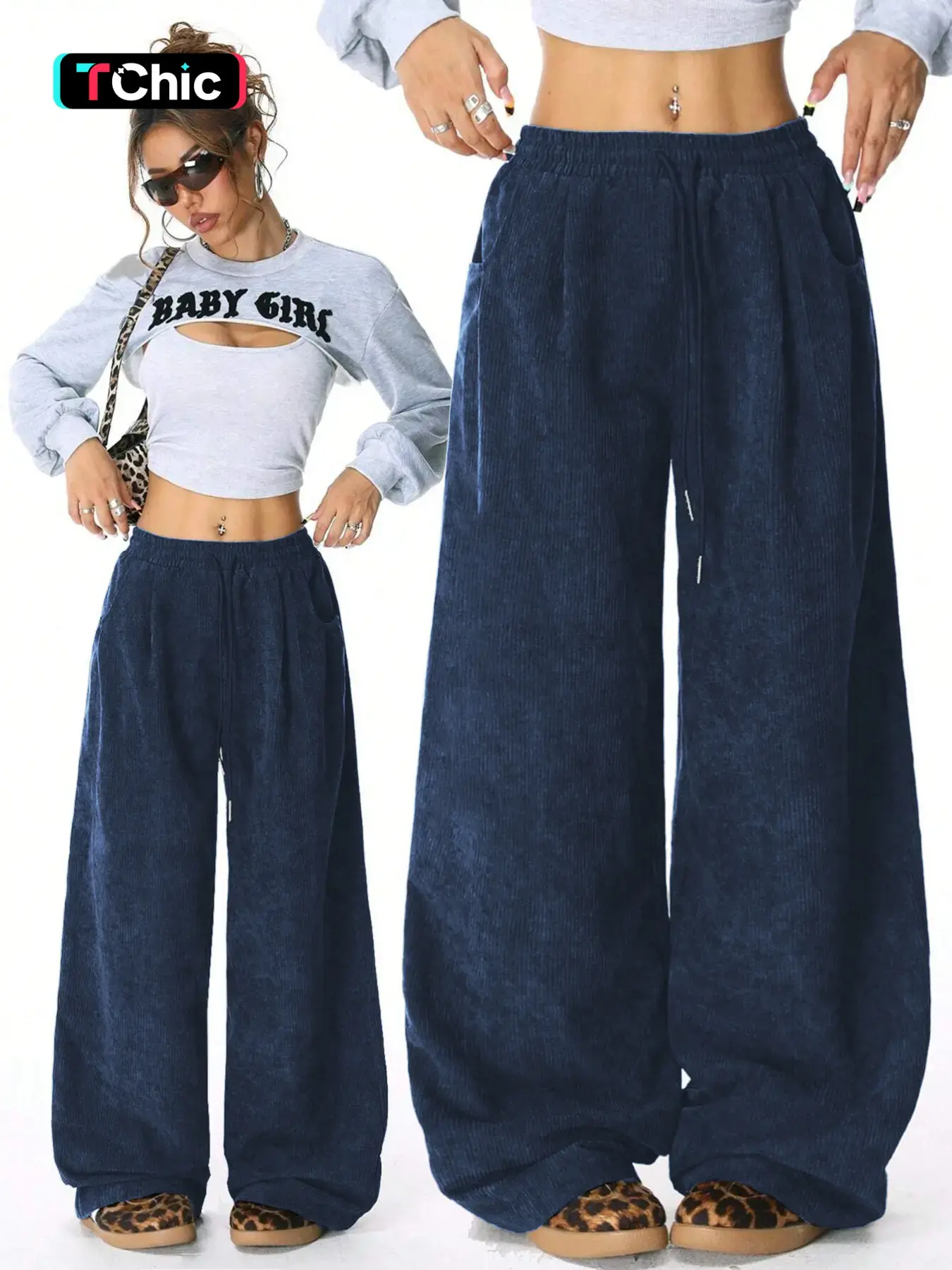 Autumn Winter Corduroy Pants, Vintage American Style Workwear, Casual Adjustable Drawstring Loose Baggy Straight Leg Trousers, European Style Wide Leg Pants
