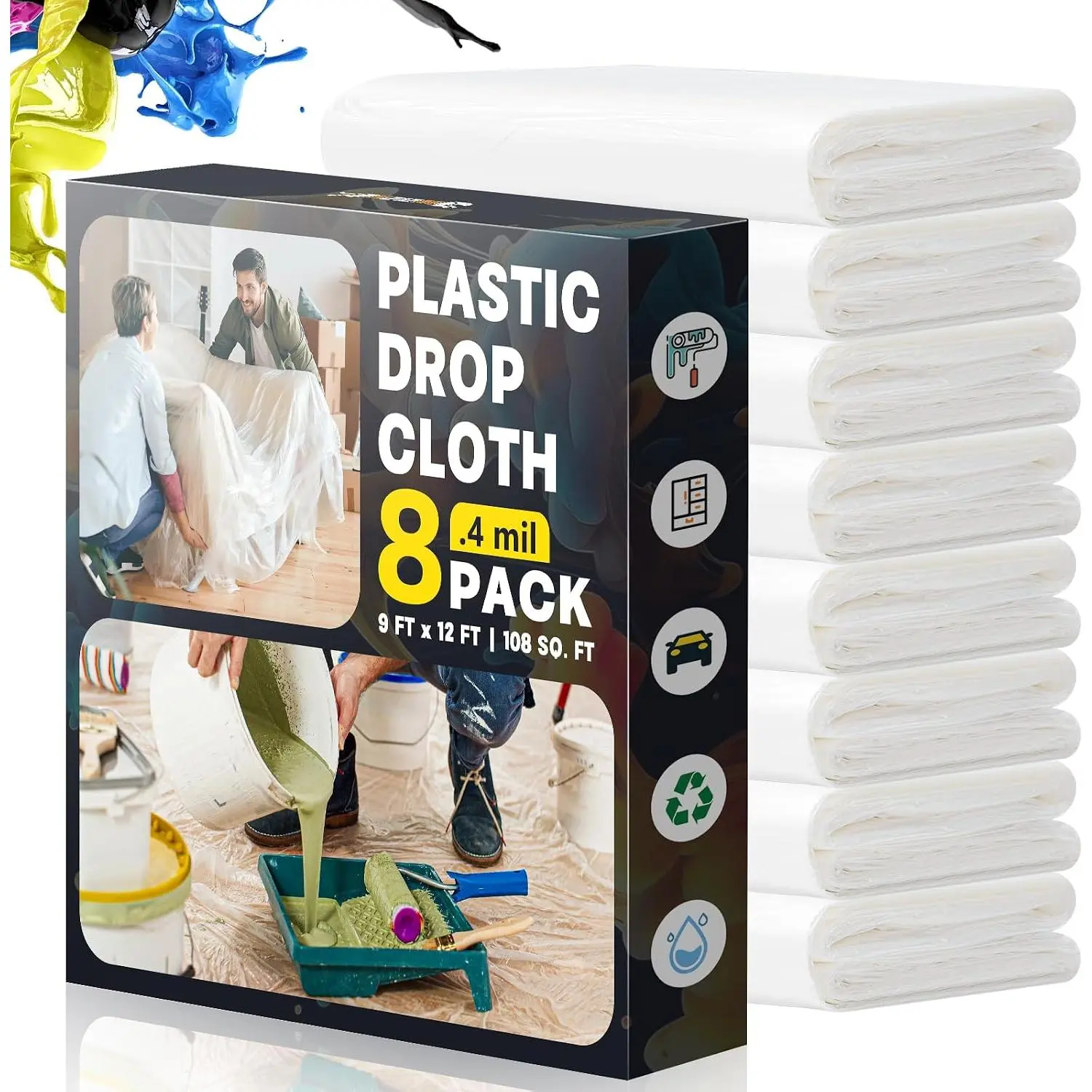 Plastic Drop Cloths for Painting, 9x12 Ft  Painting Supplies, Plastic Sheet Dust Cover for Furniture, Floor, Couch Protector (8-Pack)