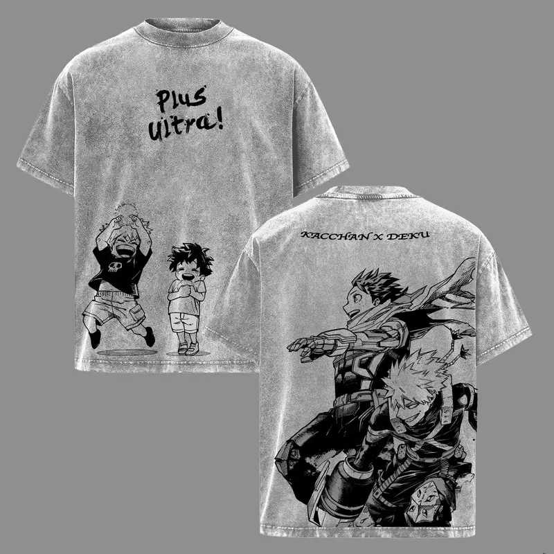 Men's Vintage Washed Graphic T-Shirt, Oversized My Hero Academia BakuDeku Anime Style Shortsleeve Tee for Casual Streetwear, Tshirt, Menswear, Graphic T Shirts, Retro, Graphic Print