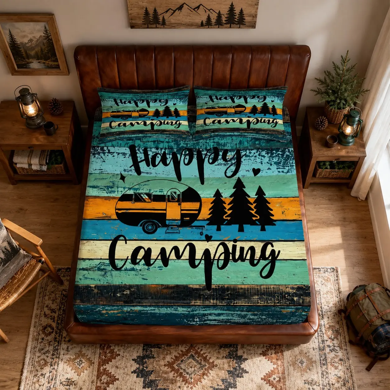 3PCS Fitted Sheet Set Rustic Camping Bear Tent RV Outdoor Style Single-Sided Printed Travel Sheets, No Pillow Inserts, 1 Fitted Sheet & 2 Pillowcases, Soft Snug Bedding Gift for Bedroom, Dorm, RV & Guest Room