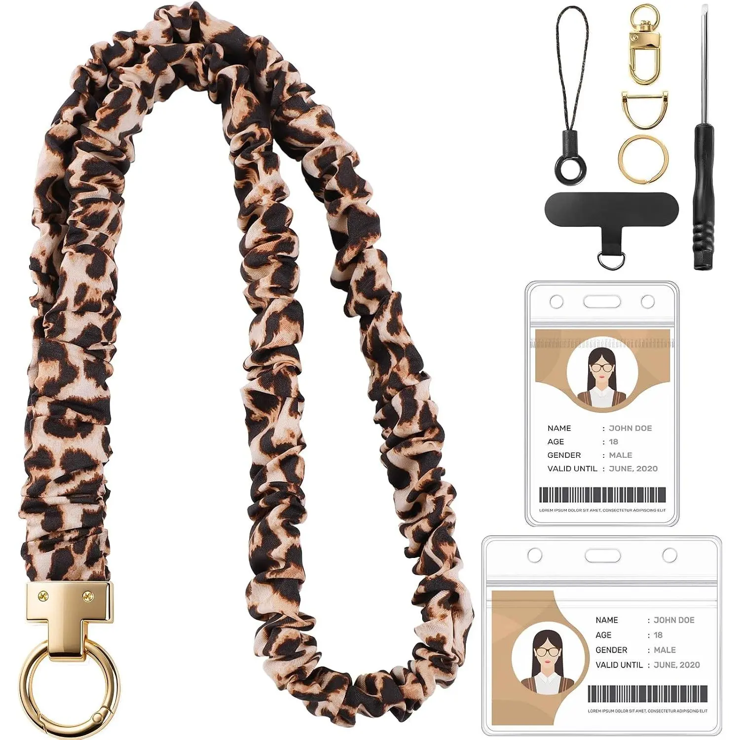 Women's Retractable Scrunchie Lanyard with Transparent ID Holder, Polyester Satin Stretchy Elastic Lanyard for ID Cards, Multi-Use Hook (Leopard Print, Black), Transparent Holders, Family, Teachers